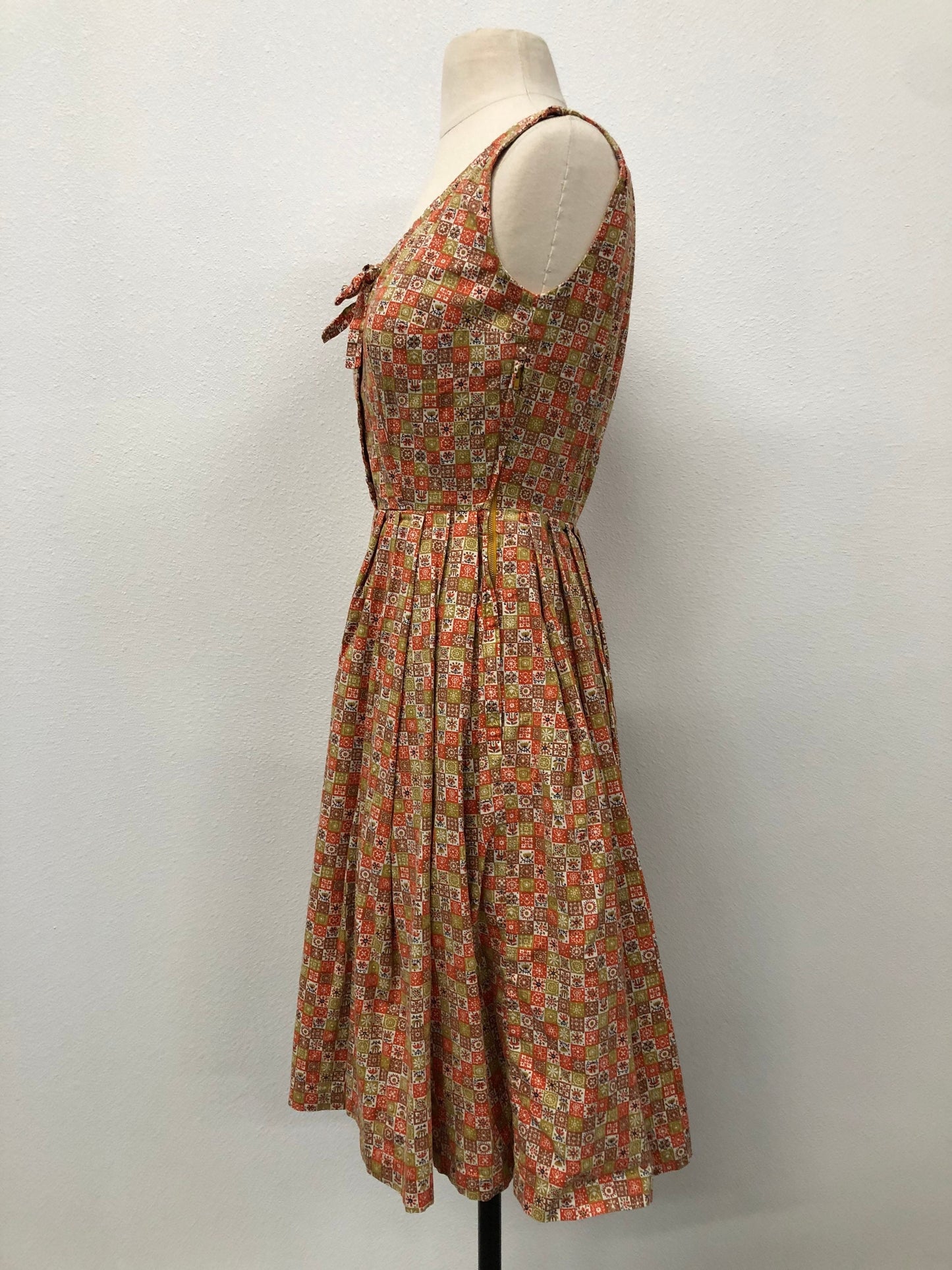 Steel zipper sided zipper summer green orange geometric print vintage dress 50s women