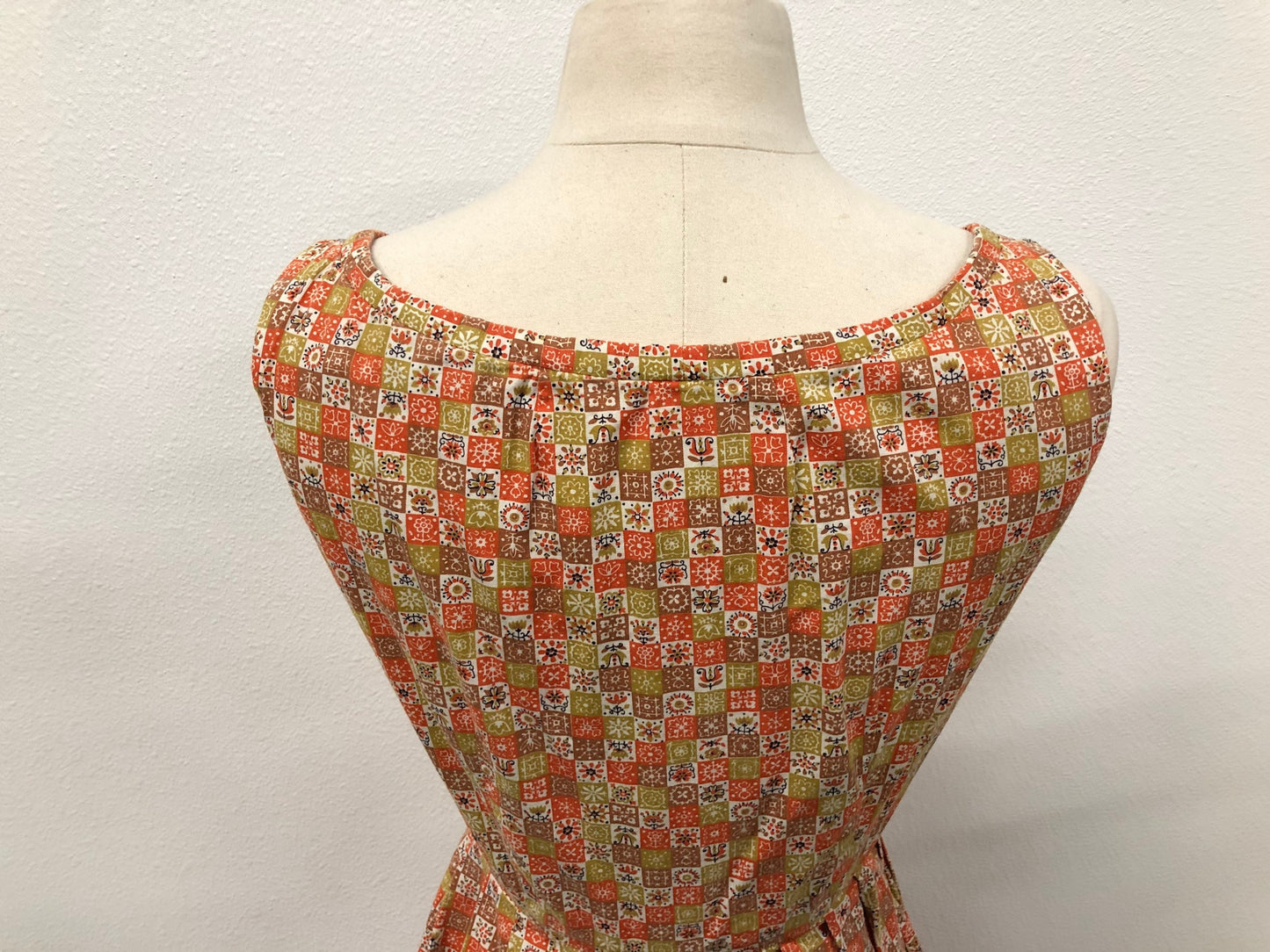 Steel zipper sided zipper summer green orange geometric print vintage dress 50s women