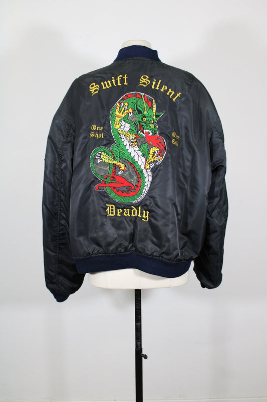 Vintage bomber jacket black dragon patch embroidered swift silent deadly men souvenir