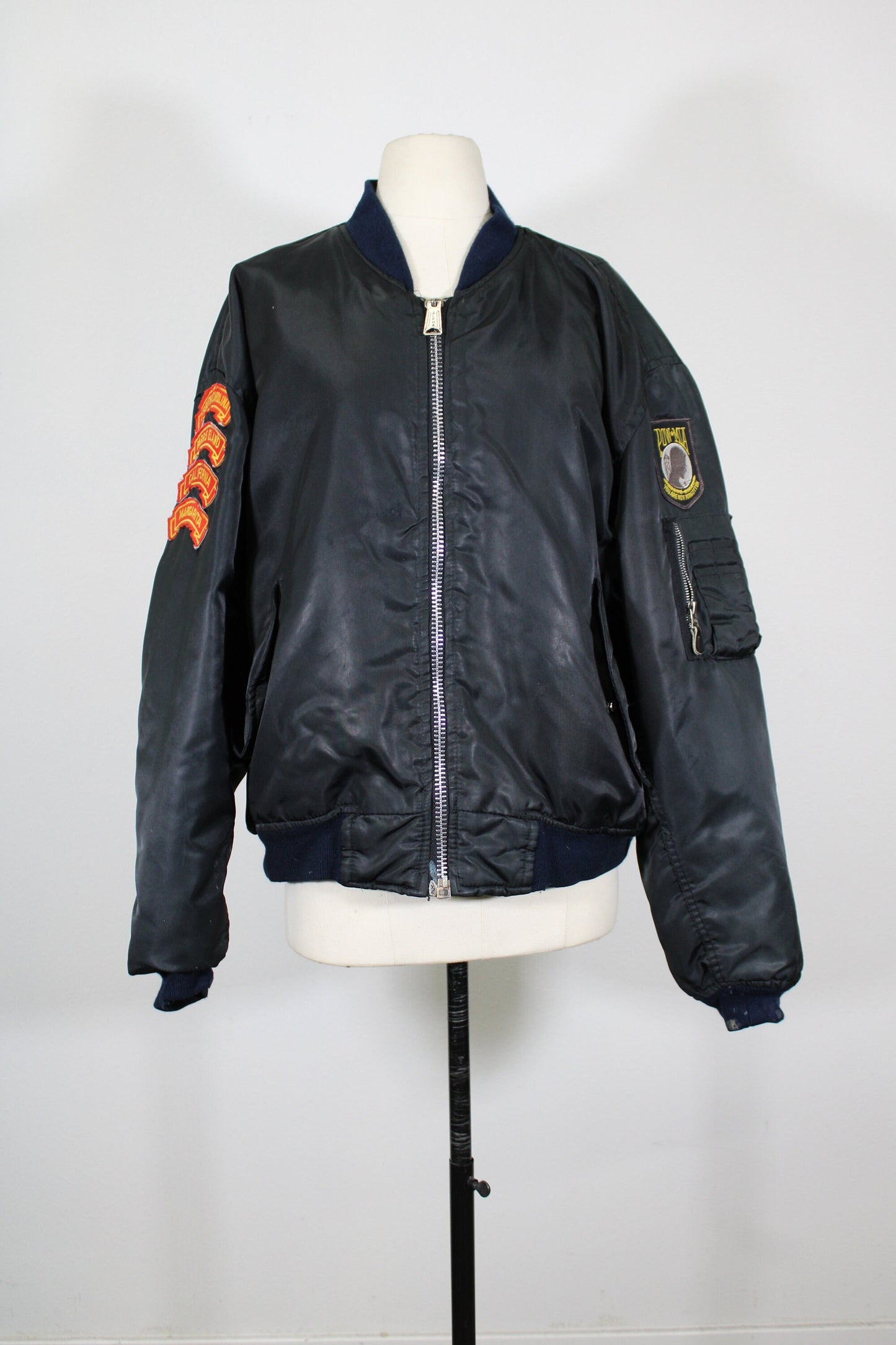 Vintage bomber jacket black dragon patch embroidered swift silent deadly men souvenir