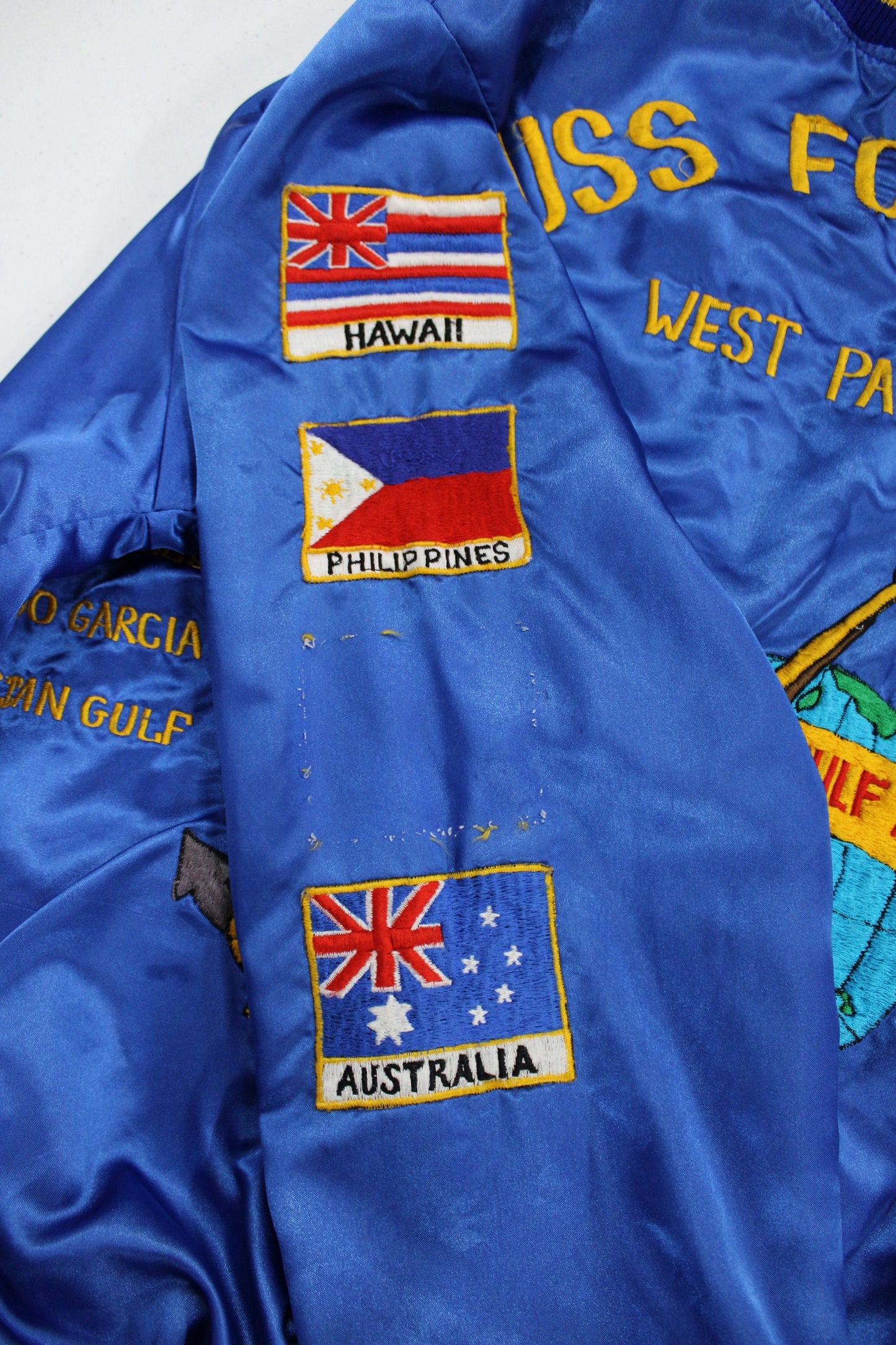 Vintage souvenir bomber jacket persian gulf 88 89 tour uss fox cg-33 hawaii san diego west pac