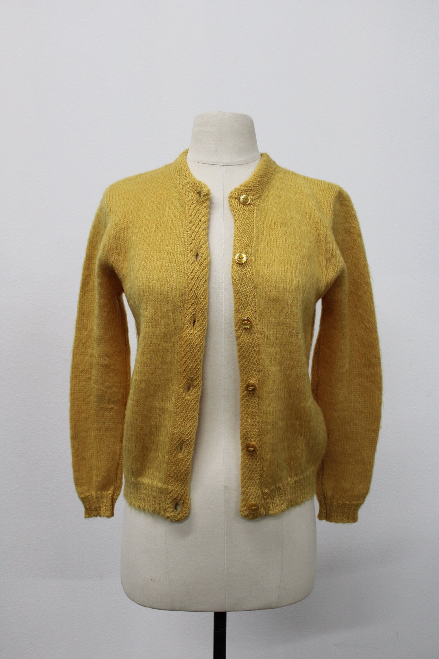 Mustard women button sweater vintage 50's 60's mohair yellow rockabilly pin up