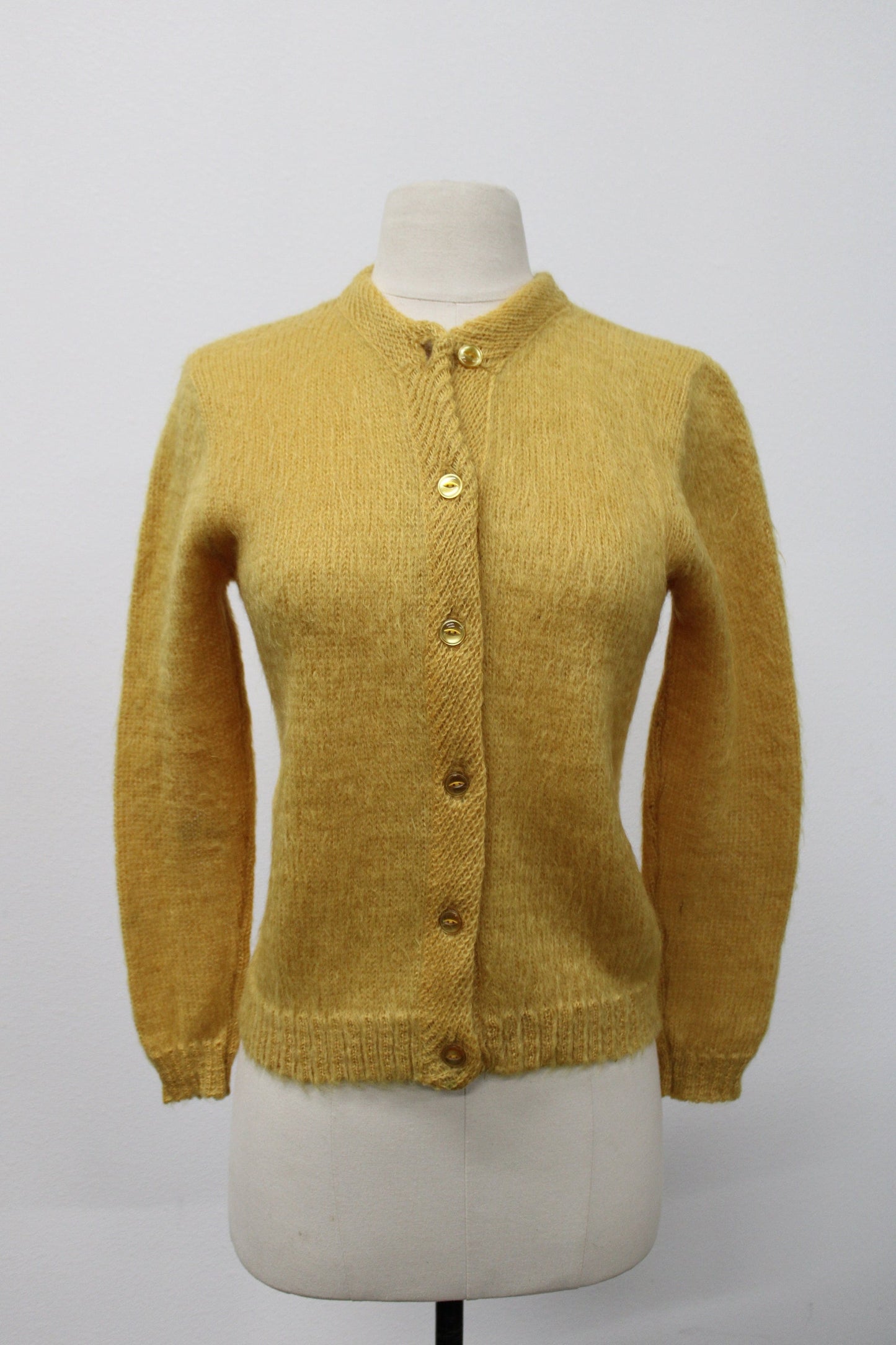 Mustard women button sweater vintage 50's 60's mohair yellow rockabilly pin up