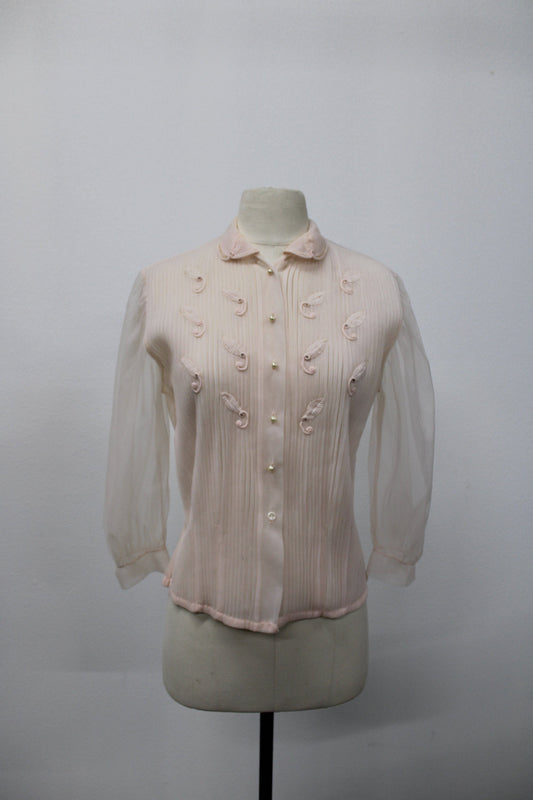 Vintage women 50's 40's blouse pink polyester nightgown casual pearl button