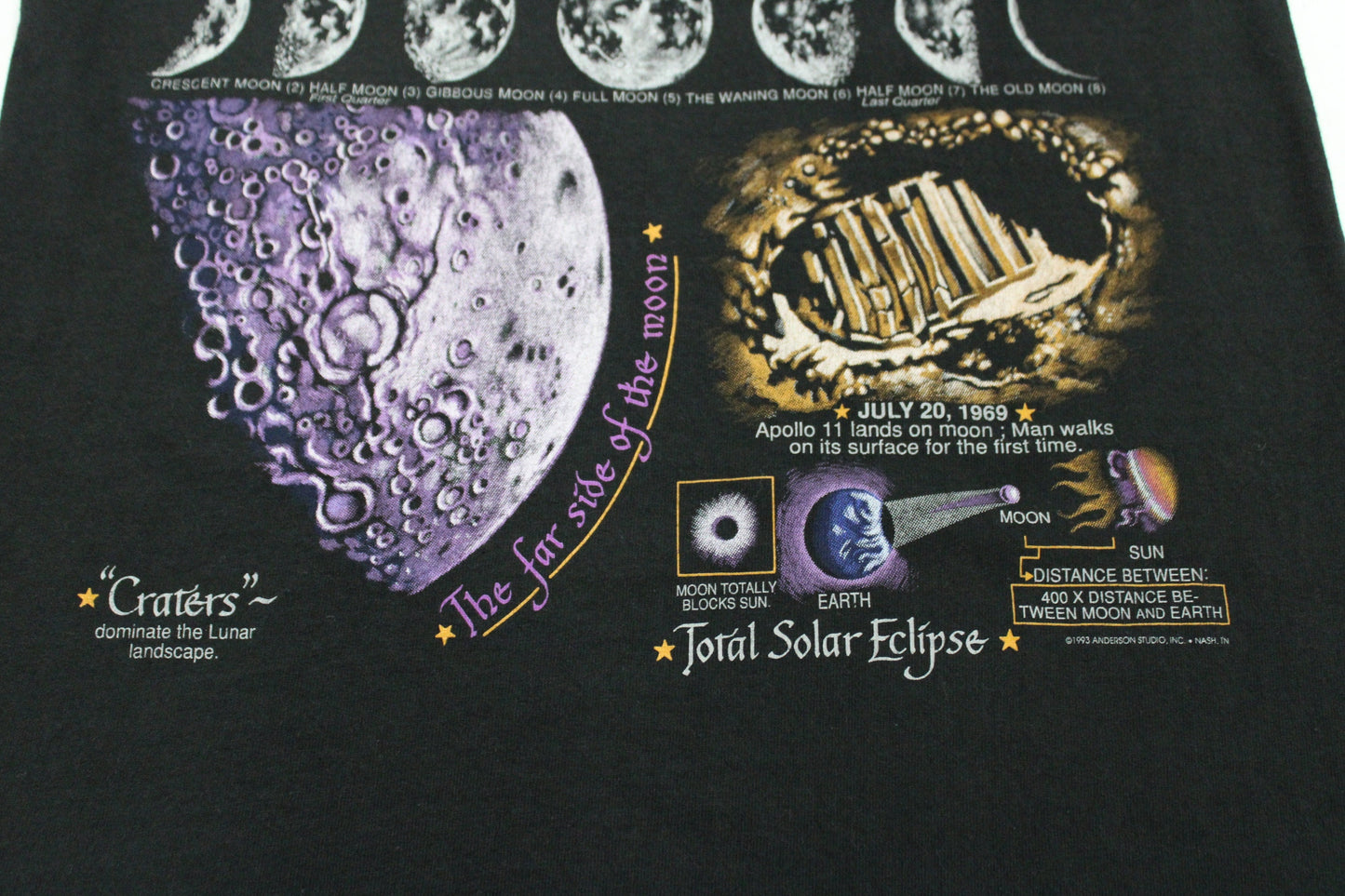 Vintage t-shirt phases of the moon solar eclipse july 20 1969 moon graphic rare black apollo 11 anderson studio inc 1993