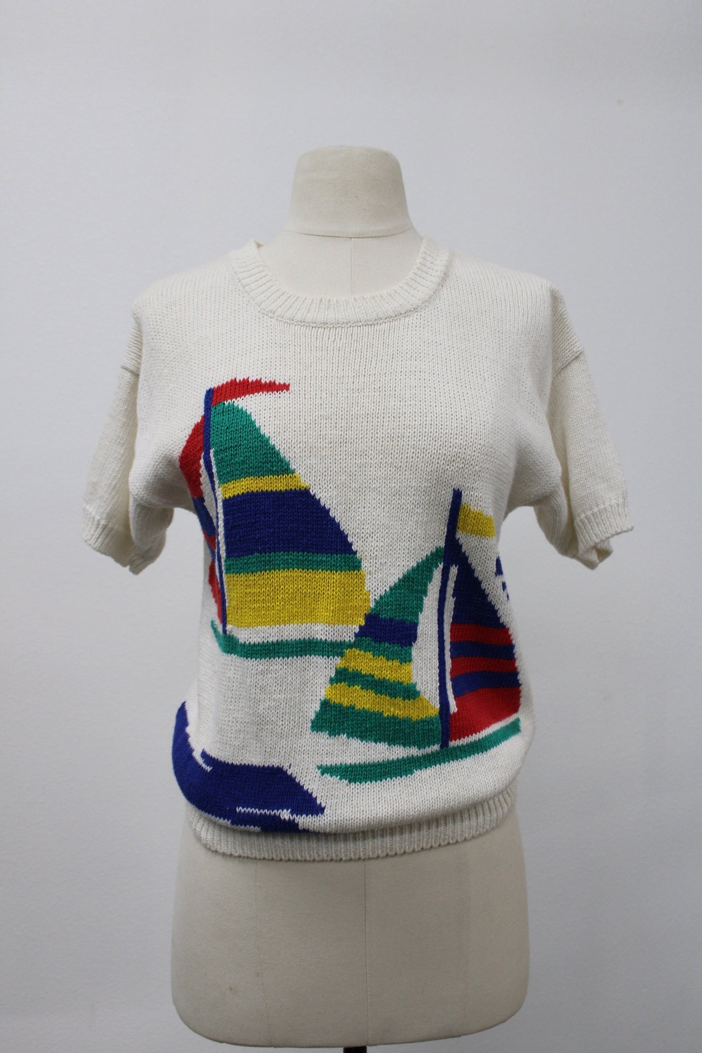 Women 90's boats print short sleeve crew neck sweater casual beach flag ship cardigan