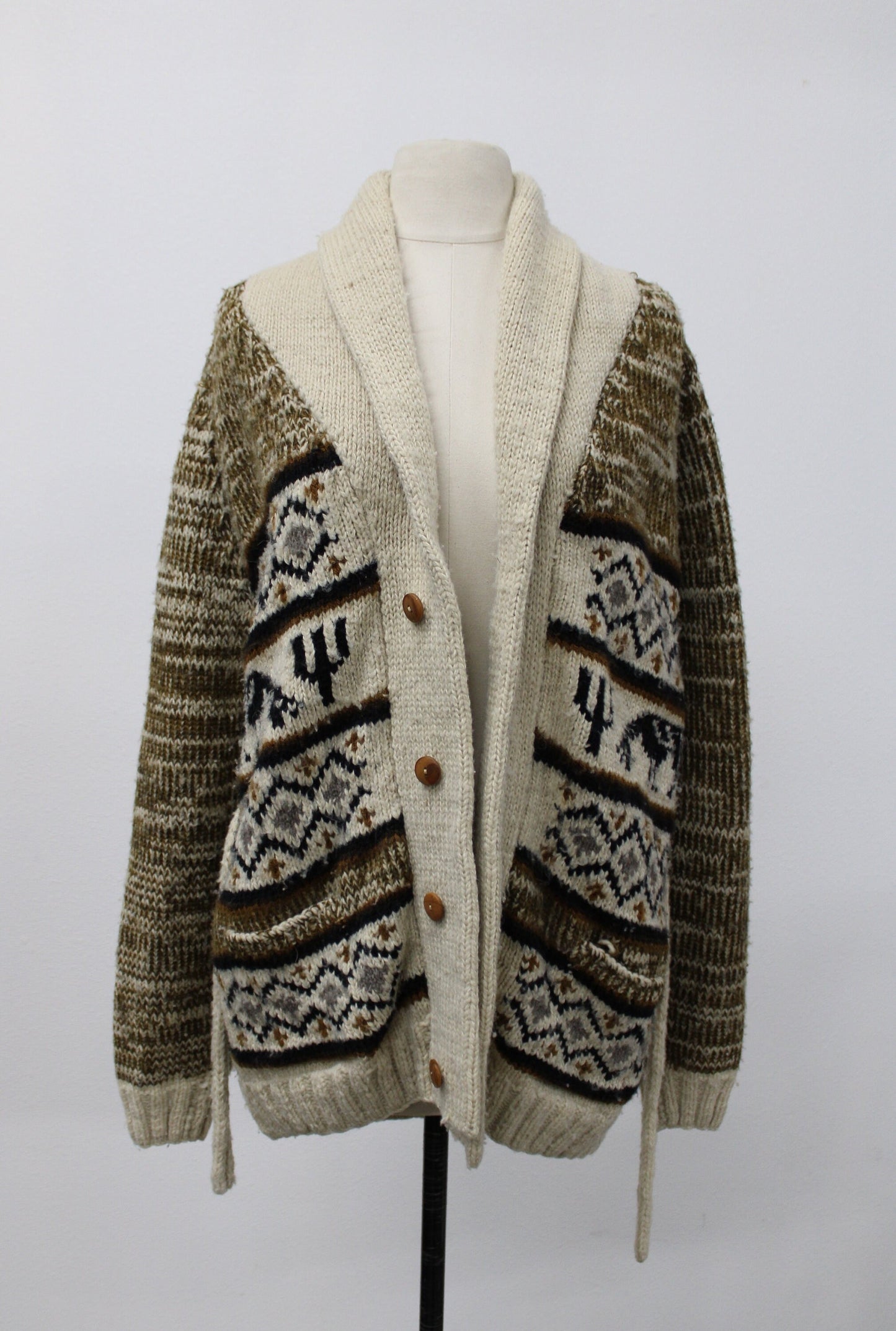 Vintage men 70's open button up v neck sweater western cow print waist belt