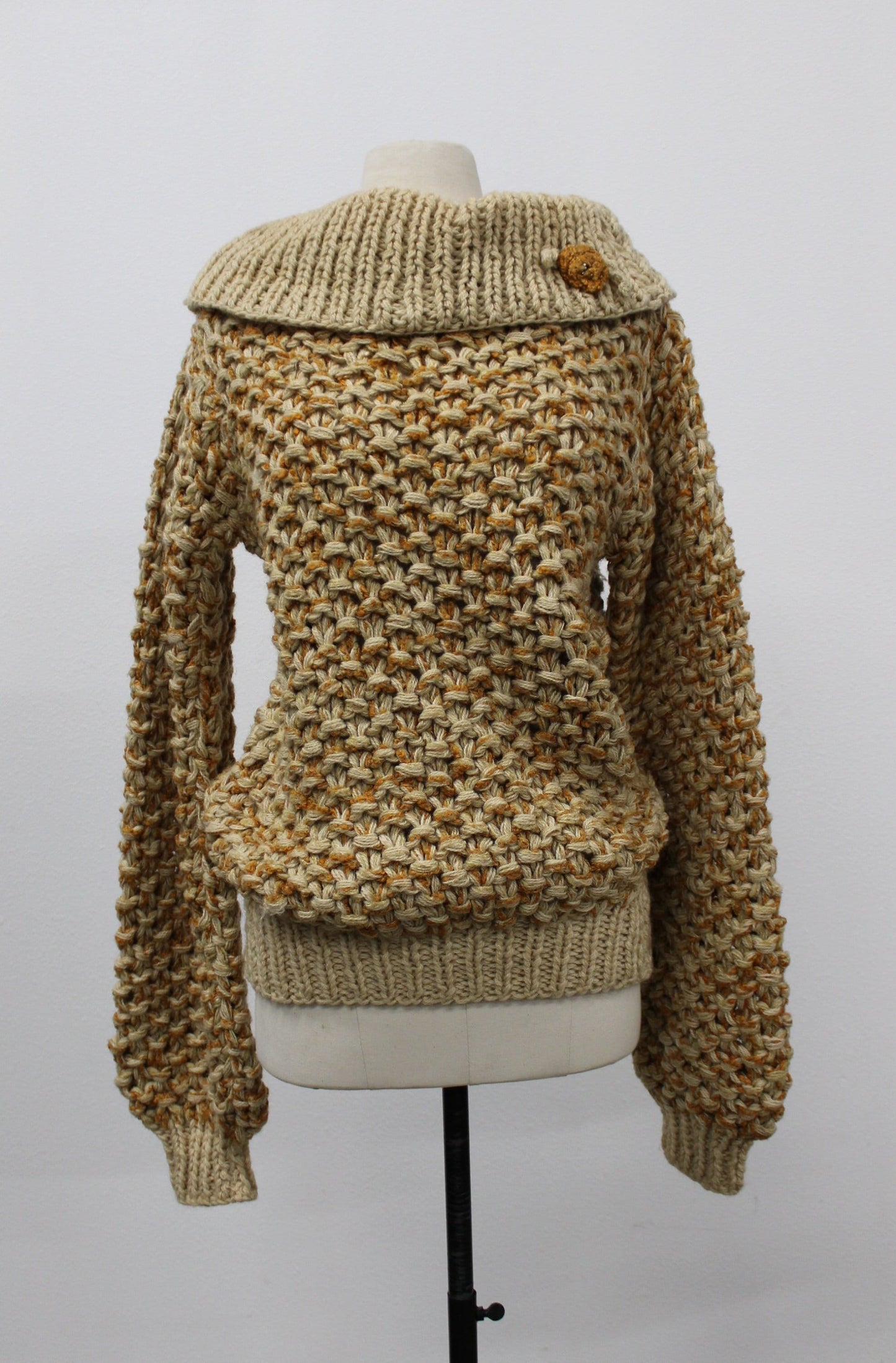 Vintage hand knit off shoulder sweater women beige brown flower turtle neck