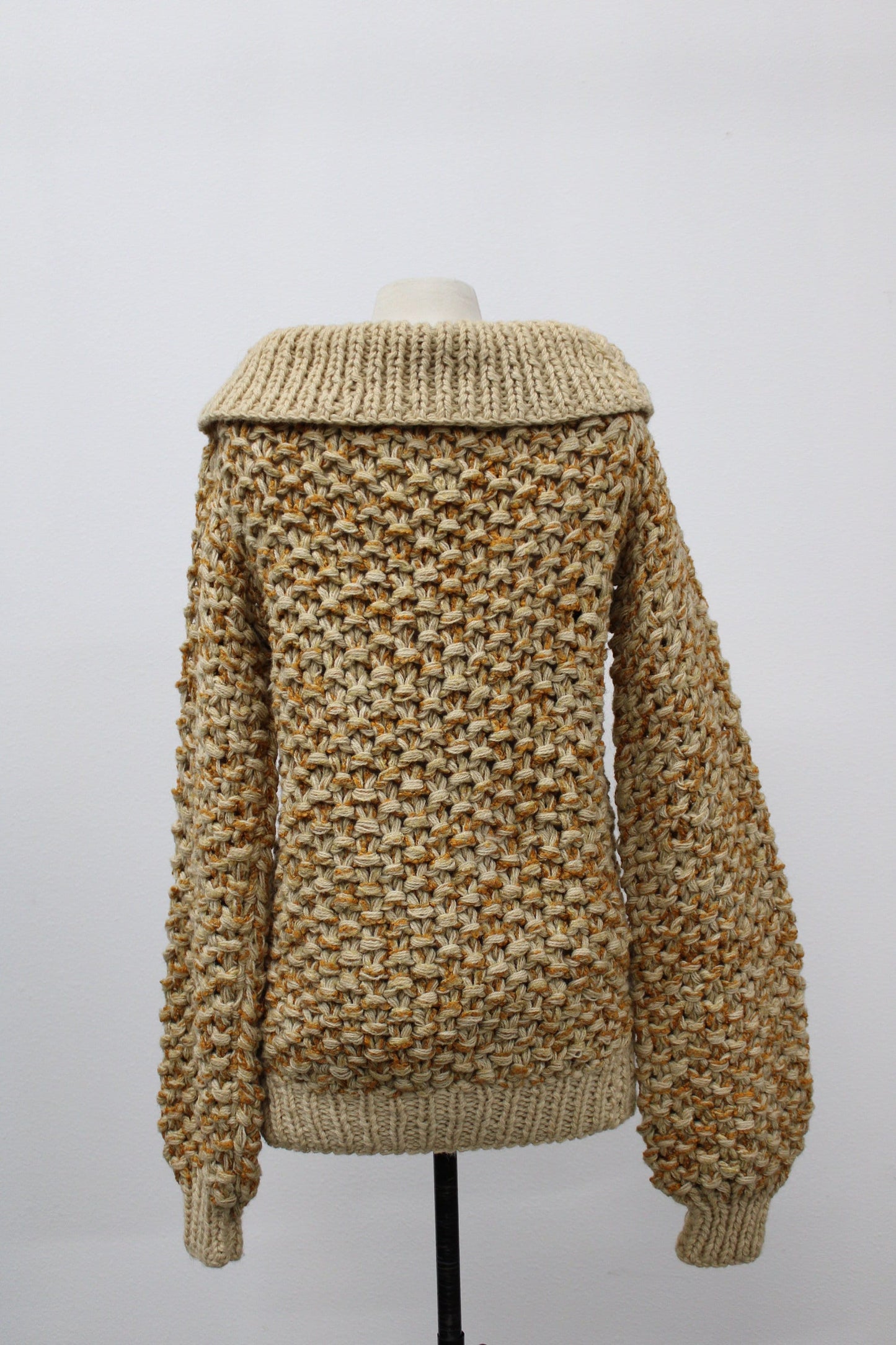 Vintage hand knit off shoulder sweater women beige brown flower turtle neck