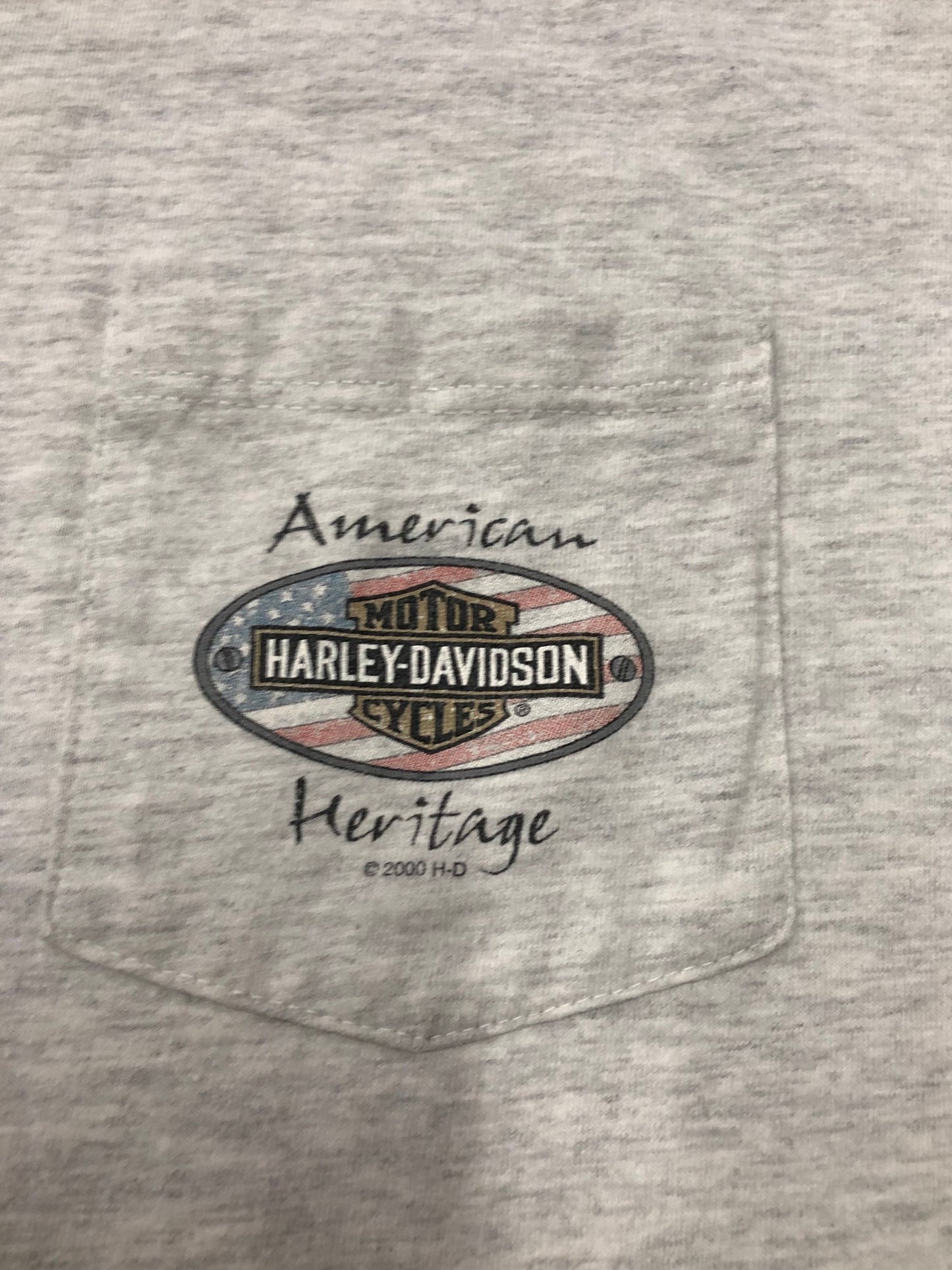 Front pocket vintage american heritage made in usa 1998 brothers branford ct gray t-shirt harley davidson