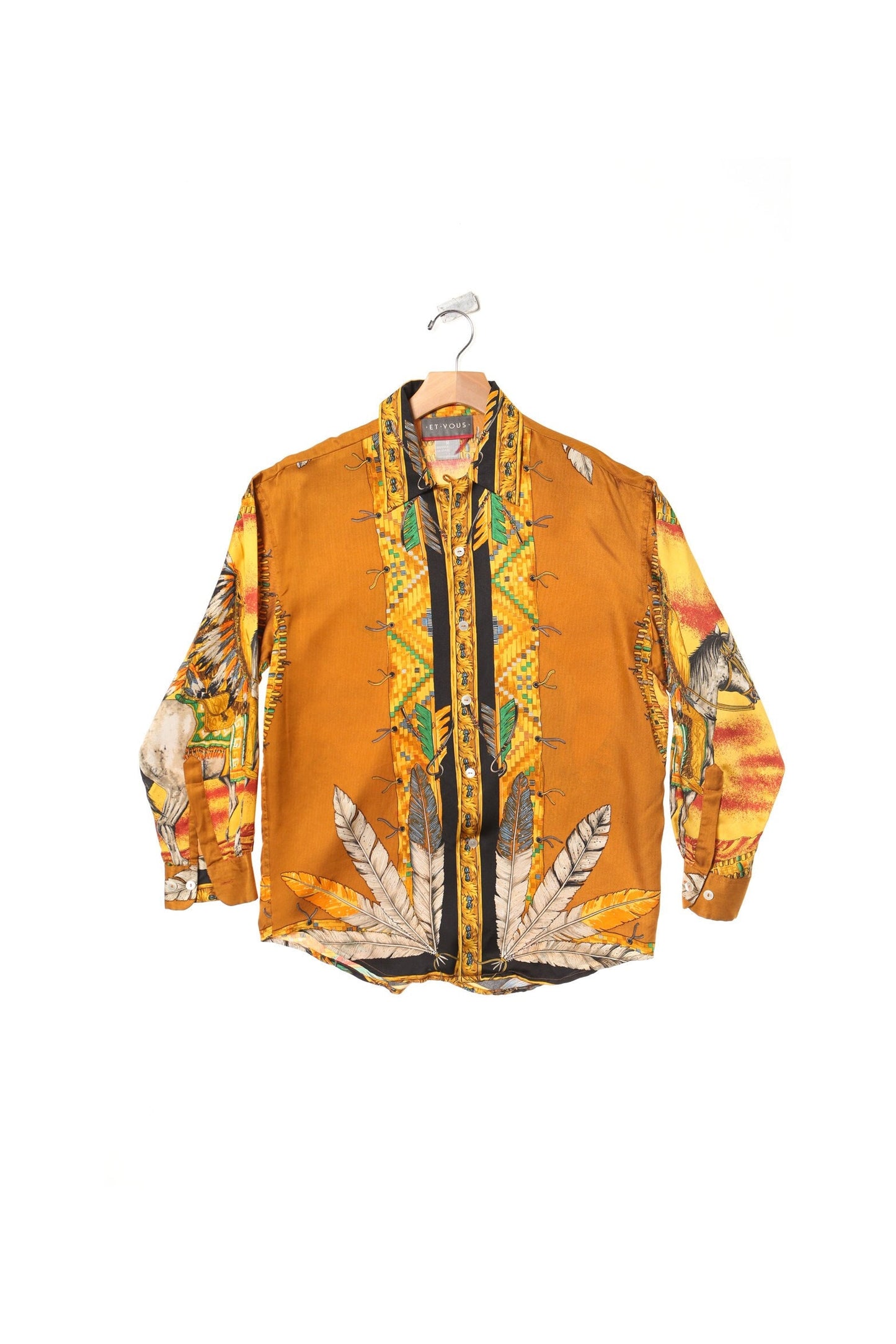 Vintage men long sleeve orange native american print chief et vous shirt baroque 90's y2k