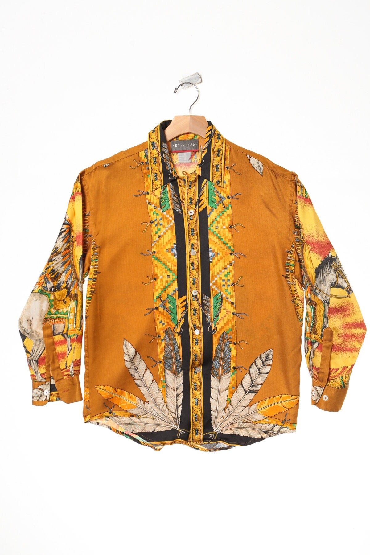 Vintage men long sleeve orange native american print chief et vous shirt baroque 90's y2k