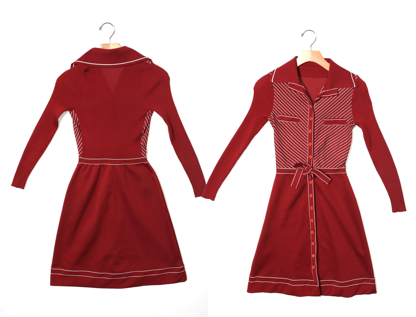 70's red summer casual dress long sleeve button up waist tie striped collared