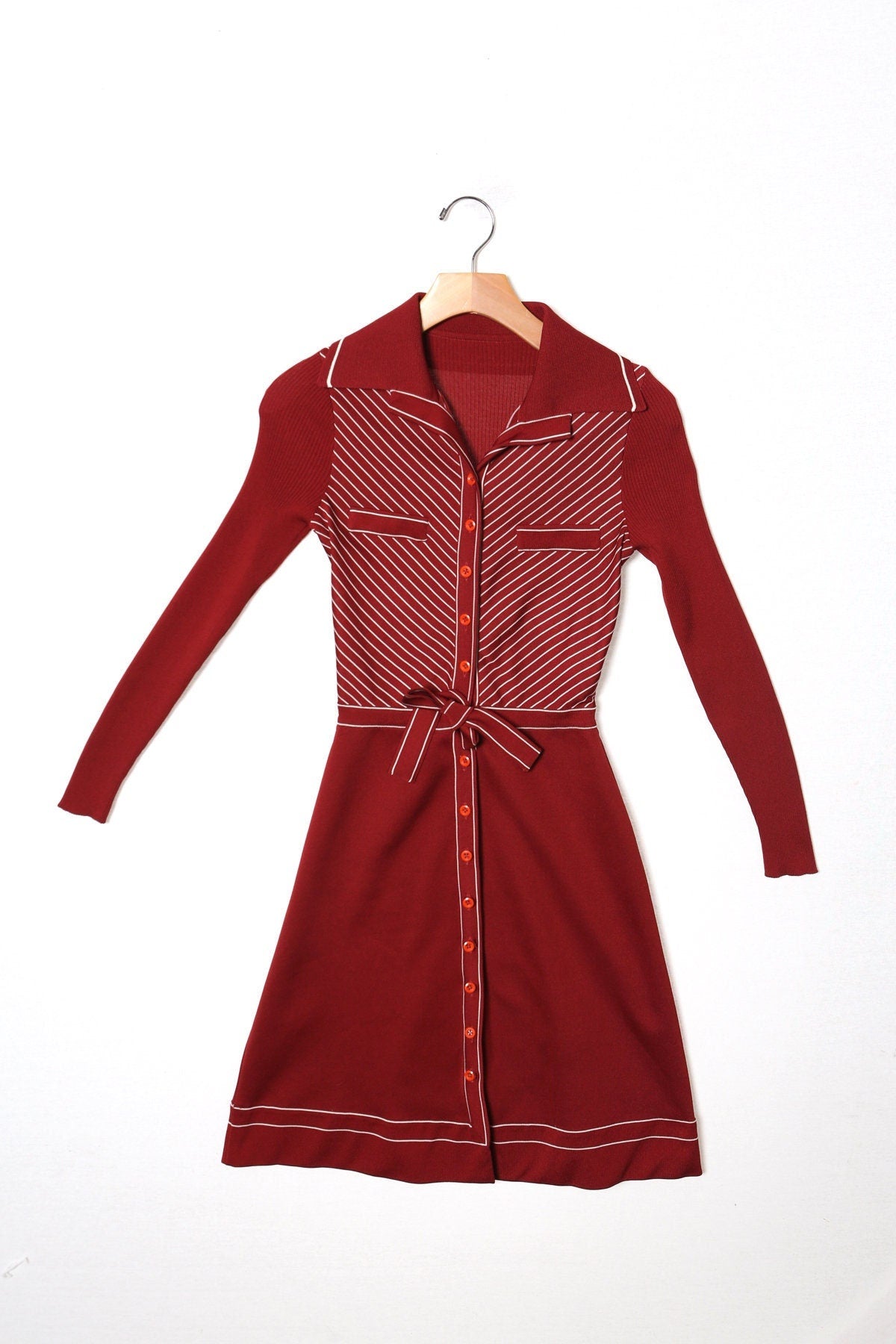 70's red summer casual dress long sleeve button up waist tie striped collared