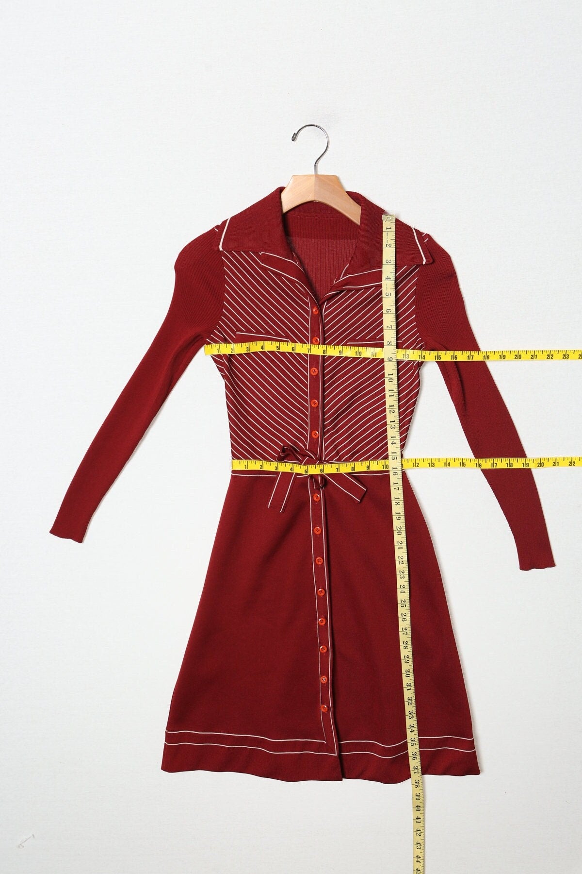 70's red summer casual dress long sleeve button up waist tie striped collared