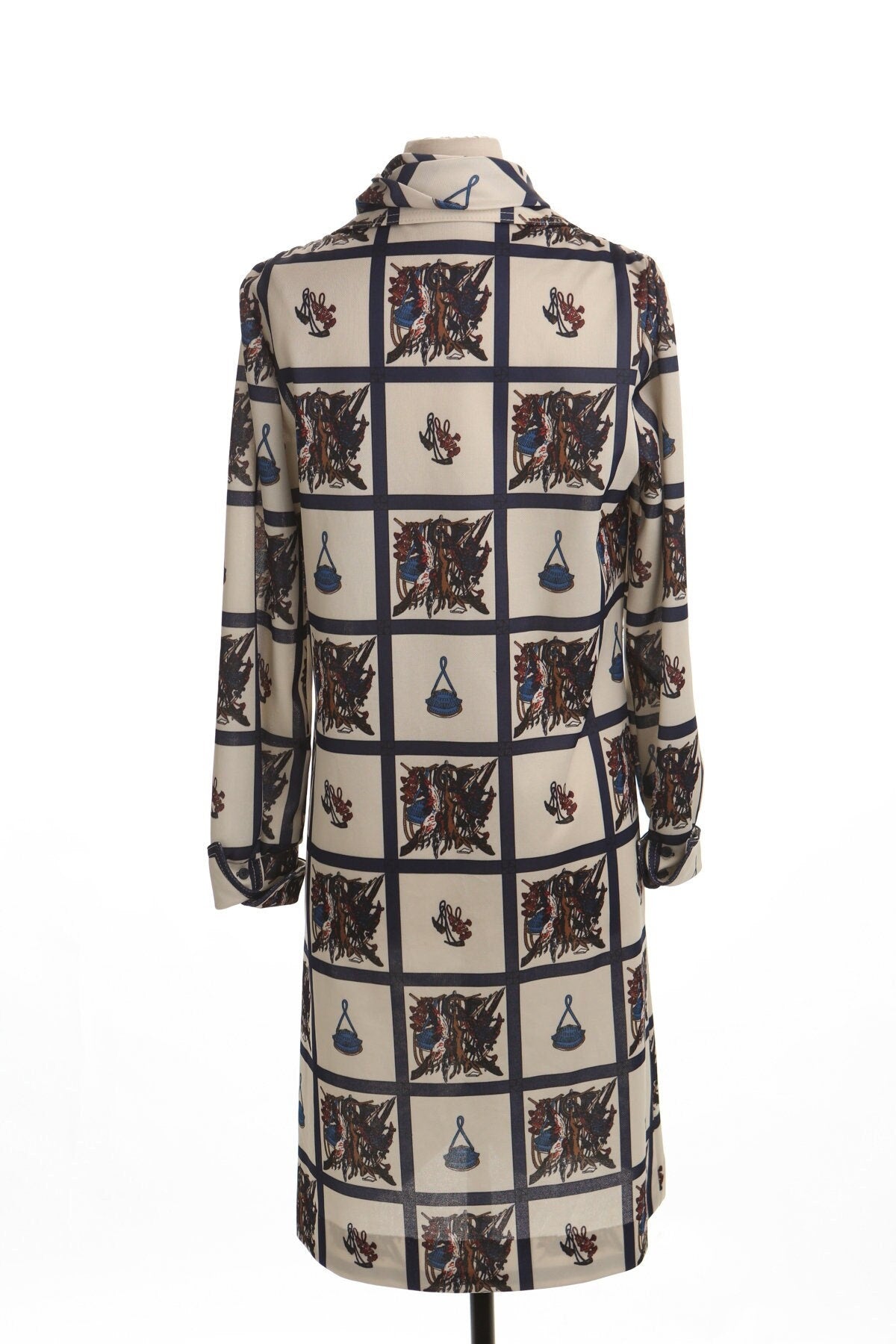 Vintage 70's summer beige casual dress women 60's mod neck tie scarf