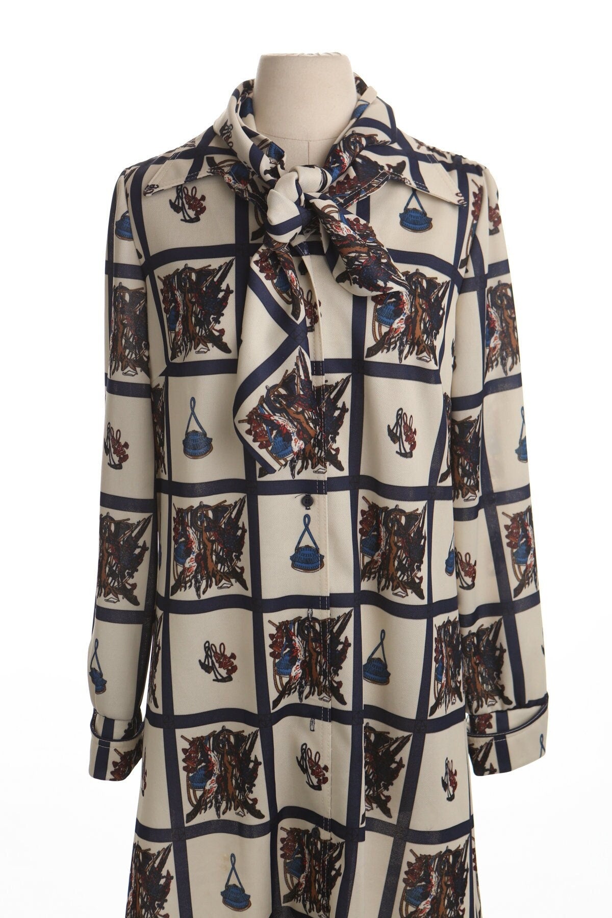 Vintage 70's summer beige casual dress women 60's mod neck tie scarf