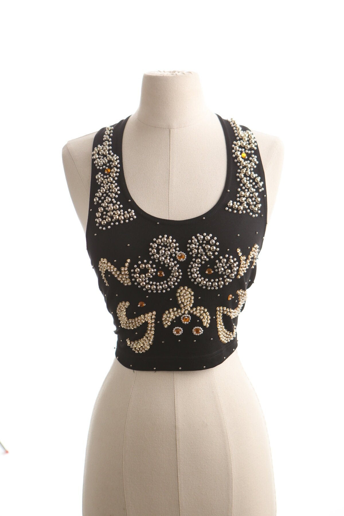 Vintage 90's studded selena black silver golden women top pearl beaded
