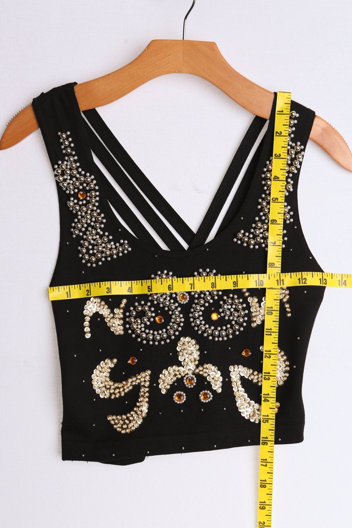 Vintage 90's studded selena black silver golden women top pearl beaded