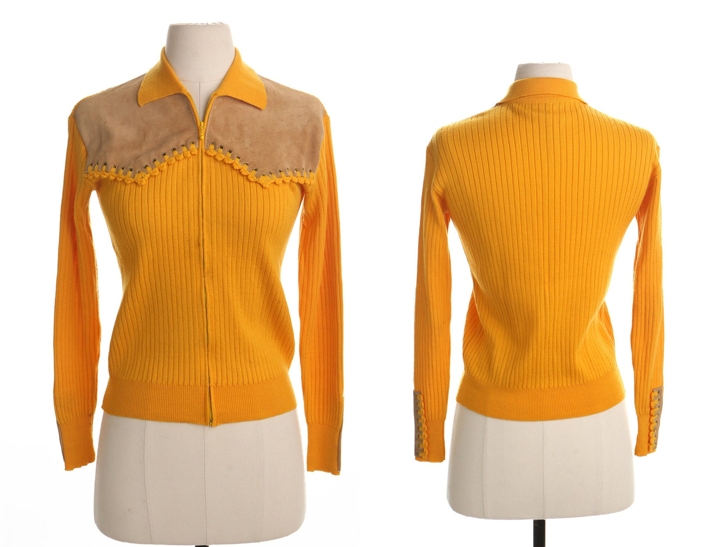 Vintage women western yellow top blouse 90's zipper zip up 80's 60's