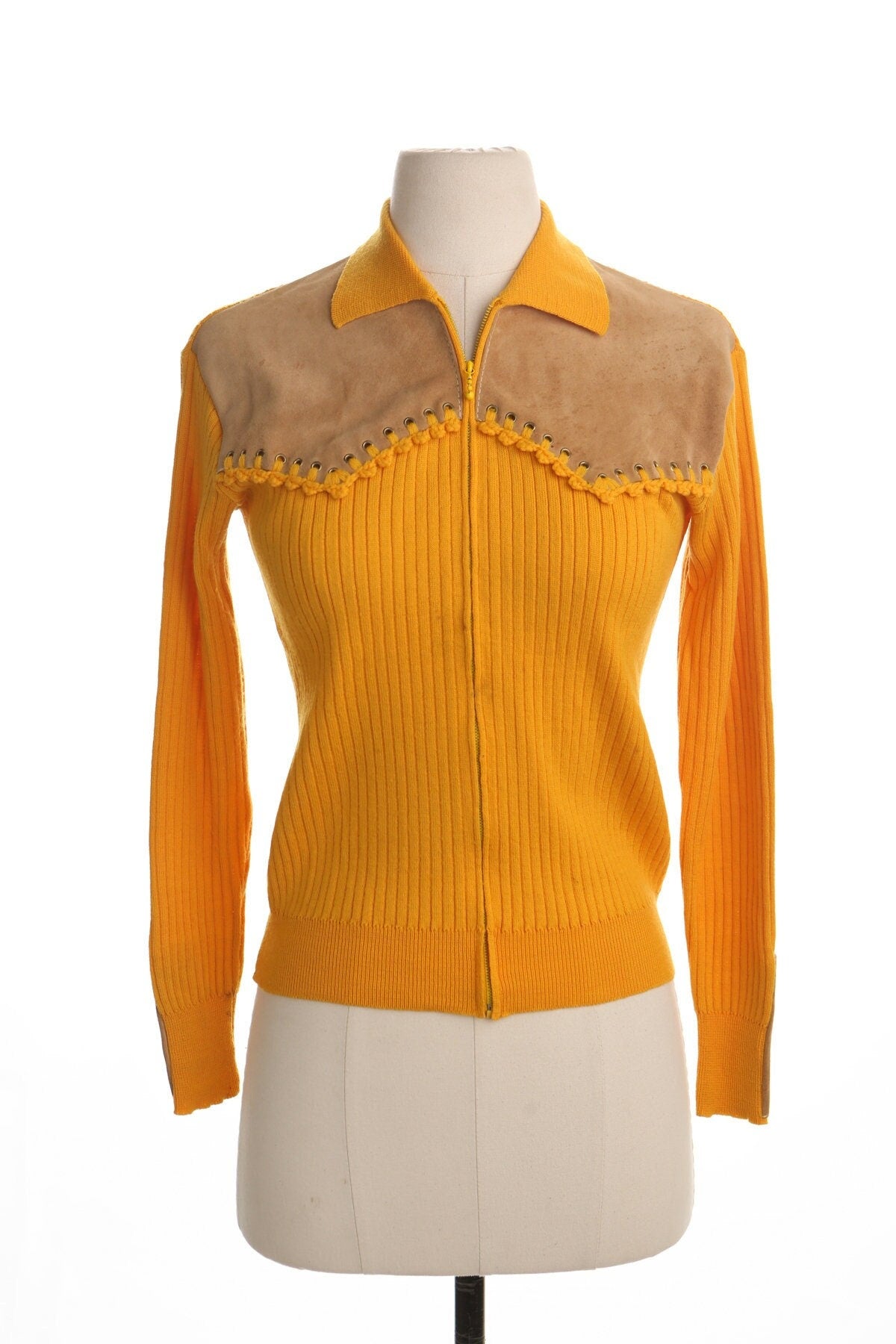Vintage women western yellow top blouse 90's zipper zip up 80's 60's