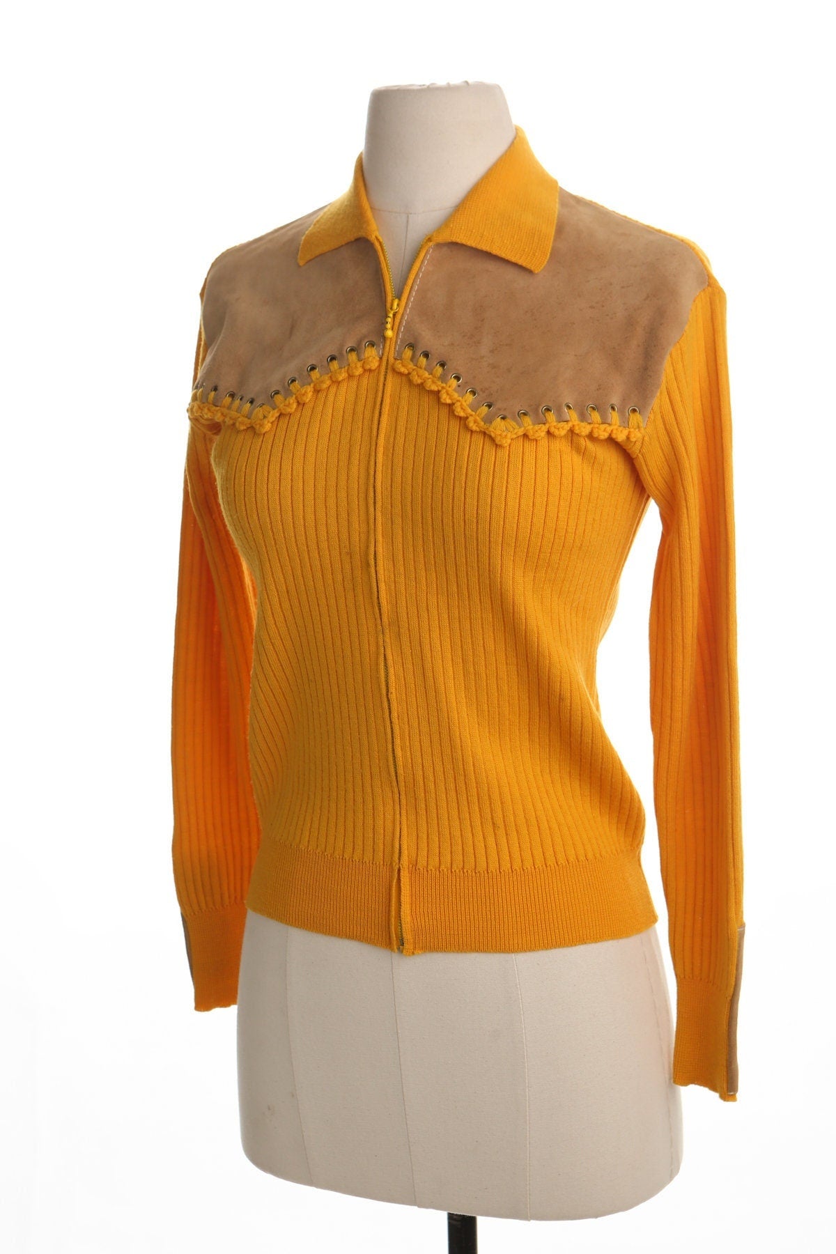 Vintage women western yellow top blouse 90's zipper zip up 80's 60's