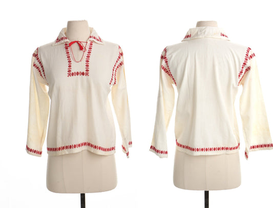 Vintage women blouse top ethnic embroidered white red tie neck