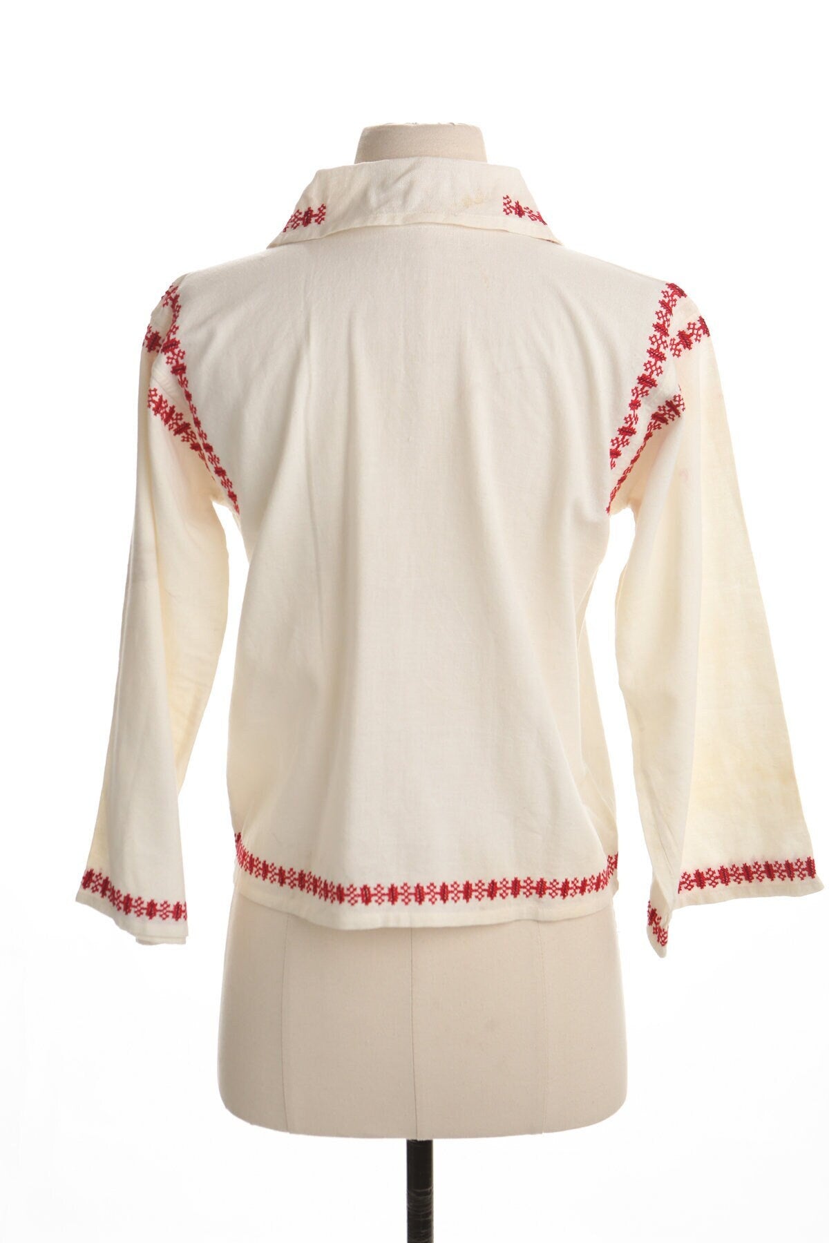 Vintage women blouse top ethnic embroidered white red tie neck