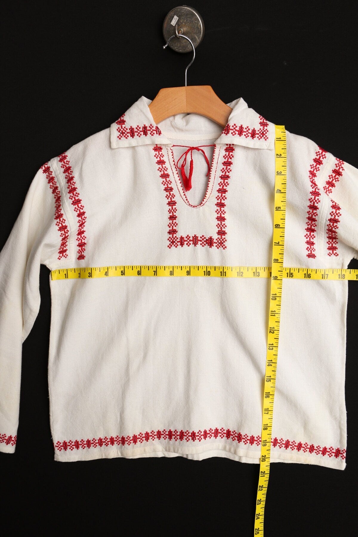 Vintage women blouse top ethnic embroidered white red tie neck