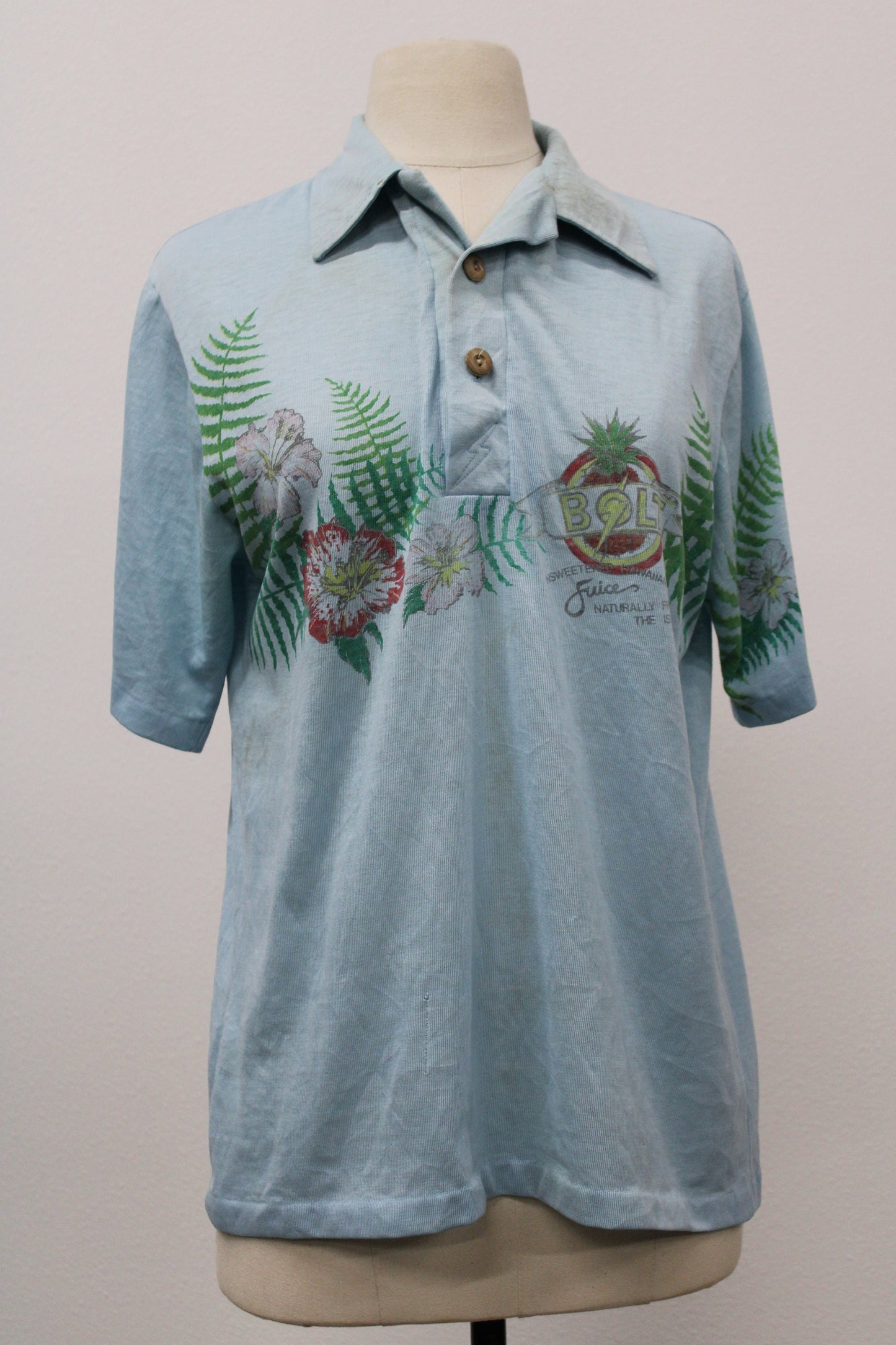 Hawaiian shirt vintage lighting bolt 70's surfing t-shirt blue wooden buttons