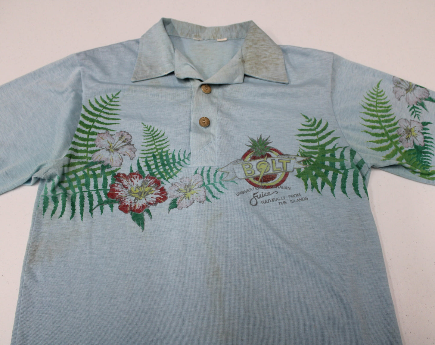 Hawaiian shirt vintage lighting bolt 70's surfing t-shirt blue wooden buttons