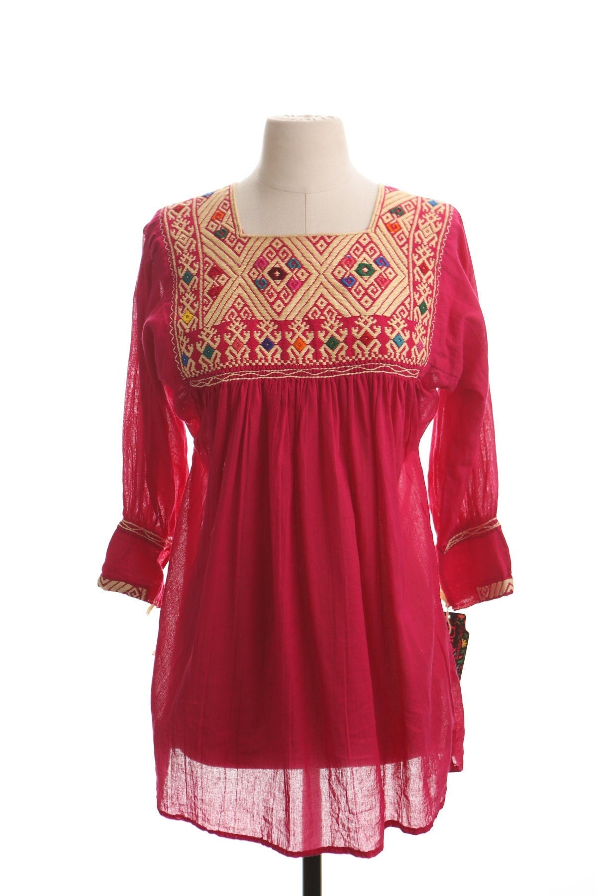 Vintage women pink embroidered blouse ethnic mexican 70's boho bohemian top