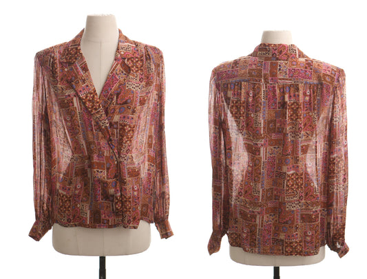 Vintage women brown pink blouse blazer block print floral 90's