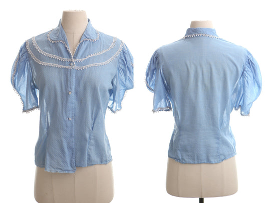 Vintage women blouse western polka dot blue 50's cotton top embroidered