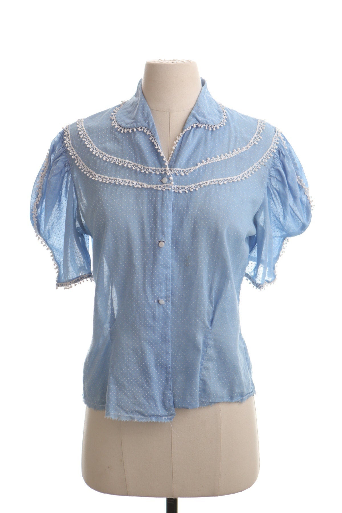 Vintage women blouse western polka dot blue 50's cotton top embroidered