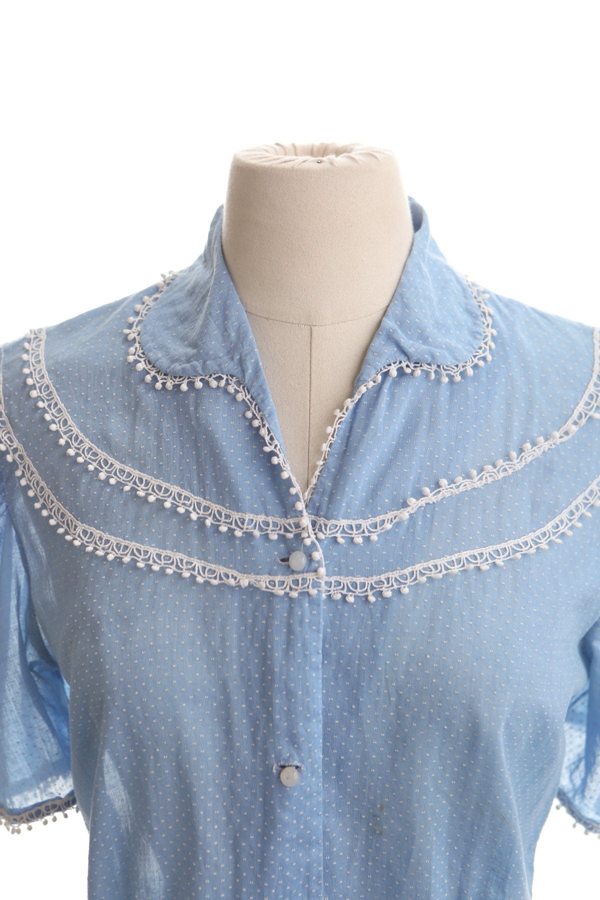 Vintage women blouse western polka dot blue 50's cotton top embroidered