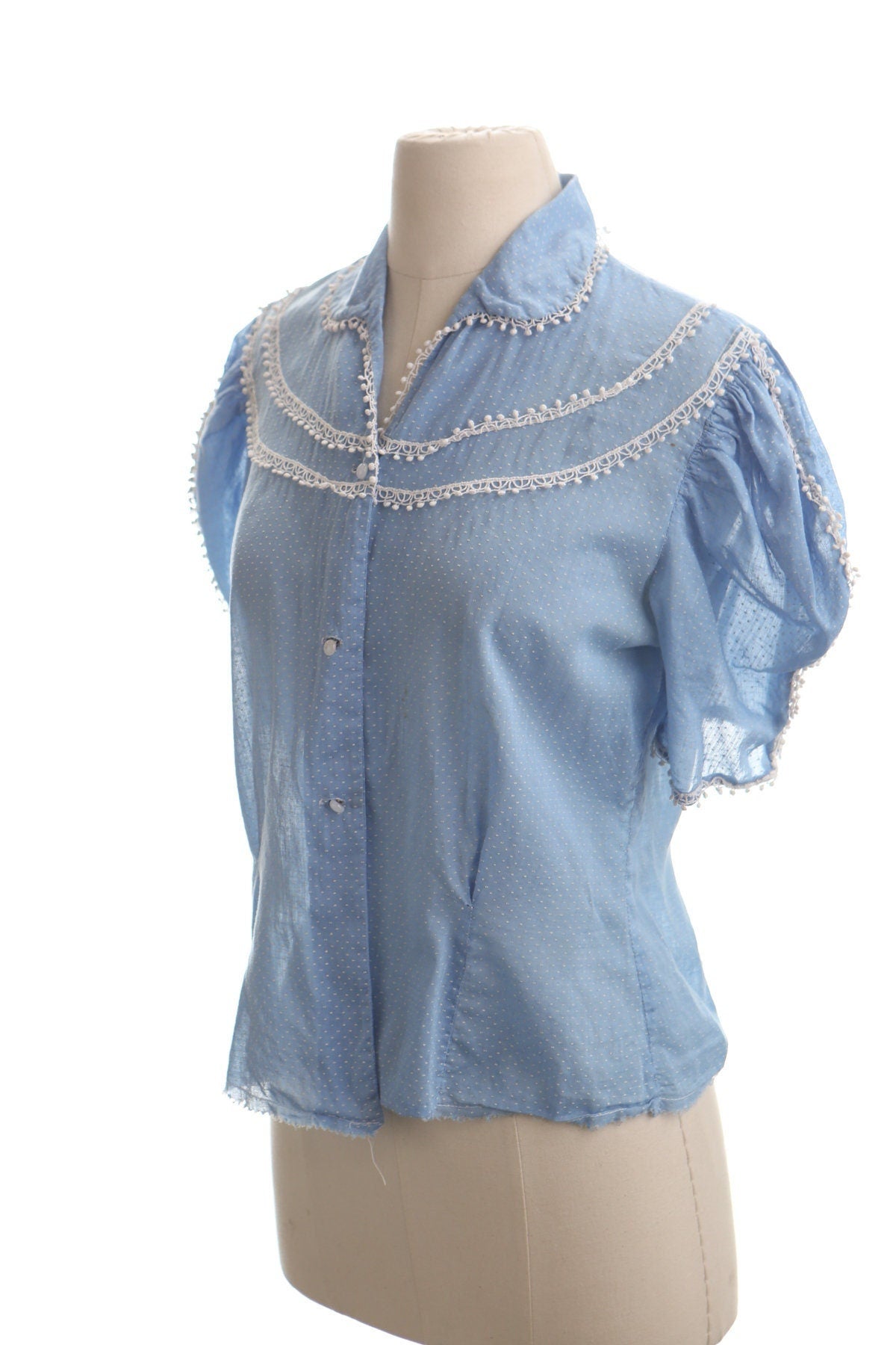 Vintage women blouse western polka dot blue 50's cotton top embroidered