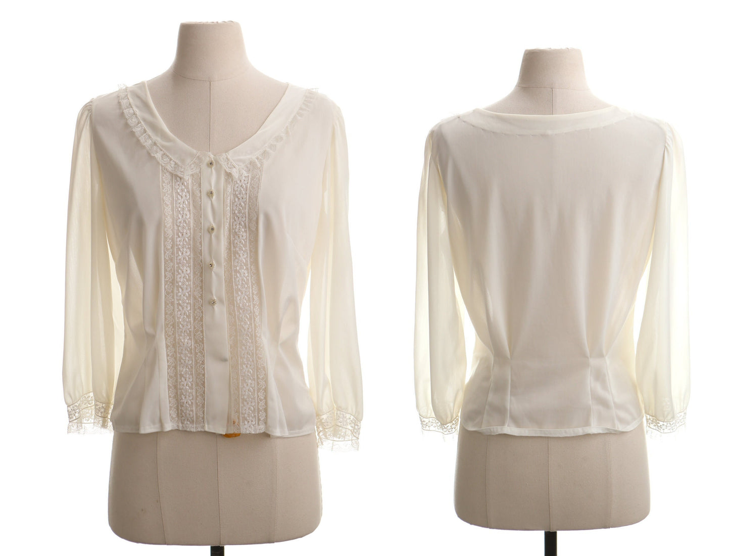 Vintage women blouse sheer white nightgown 50's 60's lace embroidered