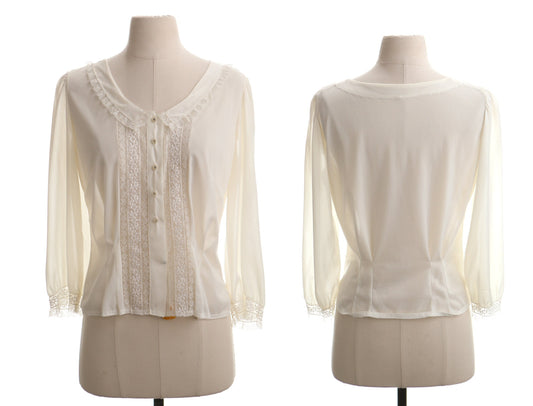 Vintage women blouse sheer white nightgown 50's 60's lace embroidered