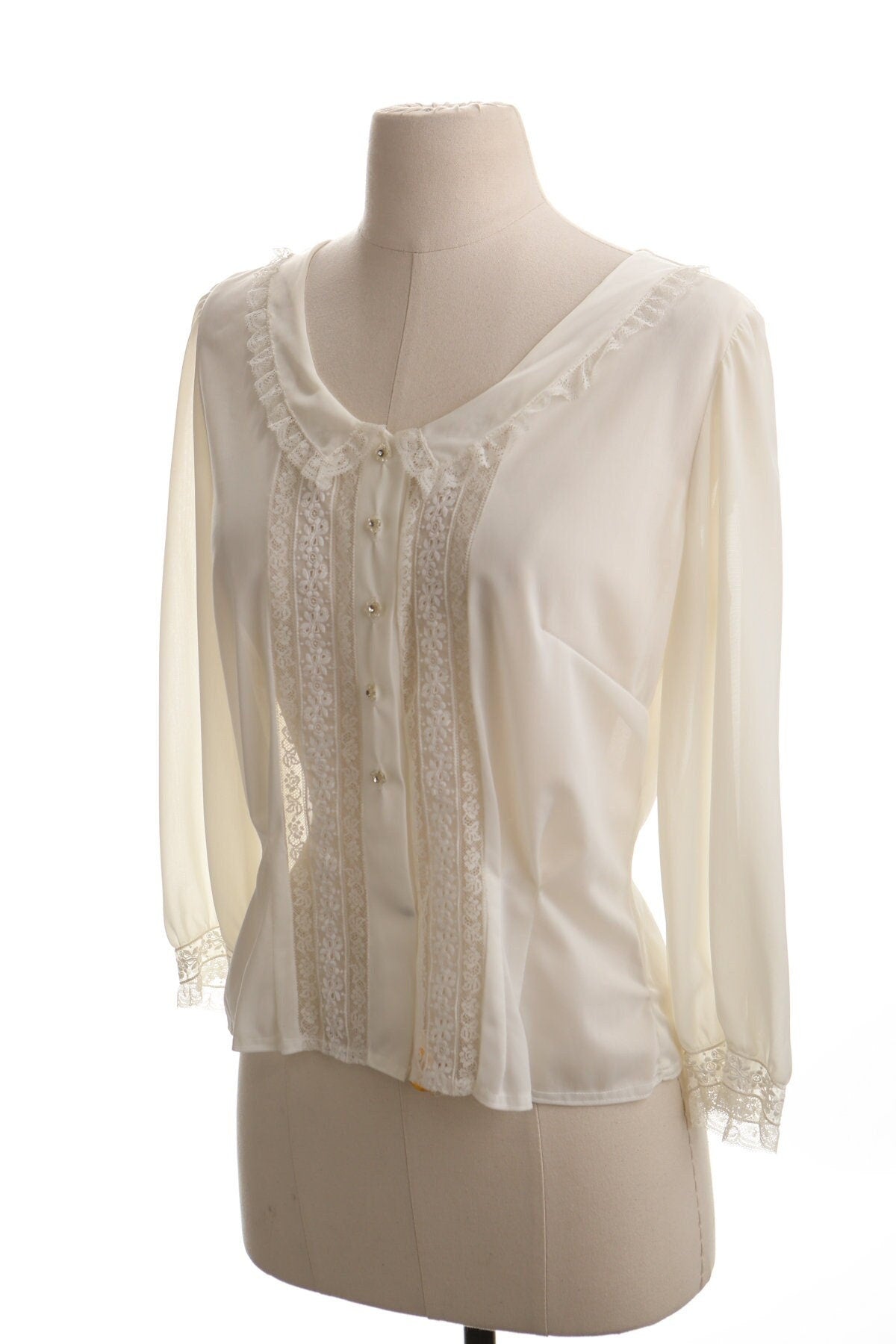 Vintage women blouse sheer white nightgown 50's 60's lace embroidered