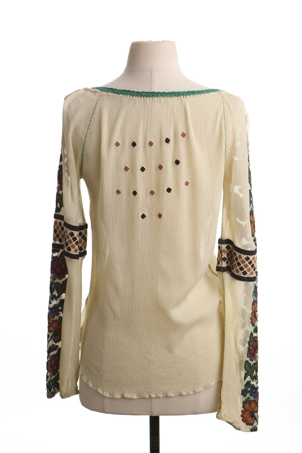 Vintage women embroidered top blouse ethnic hippie boho beige long sleeve