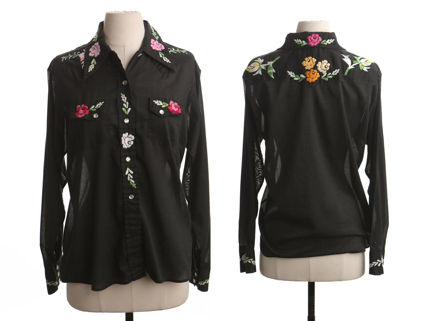 Vintage western women embroidered top black floral blouse pink green