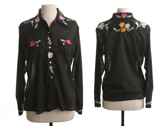 Vintage western women embroidered top black floral blouse pink green