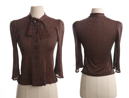 Vintage women blouse 70's metallic brown tie bow