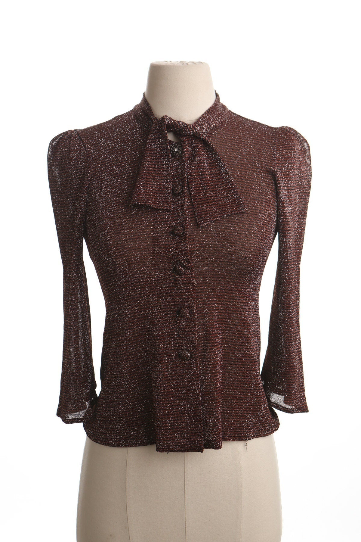 Vintage women blouse 70's metallic brown tie bow