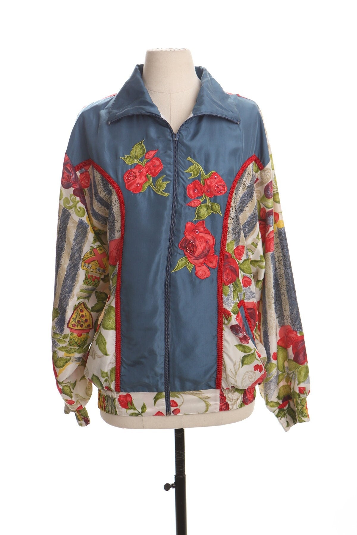 Vintage 90's silk bomber jacket floral print back writing oleg cassini team effort