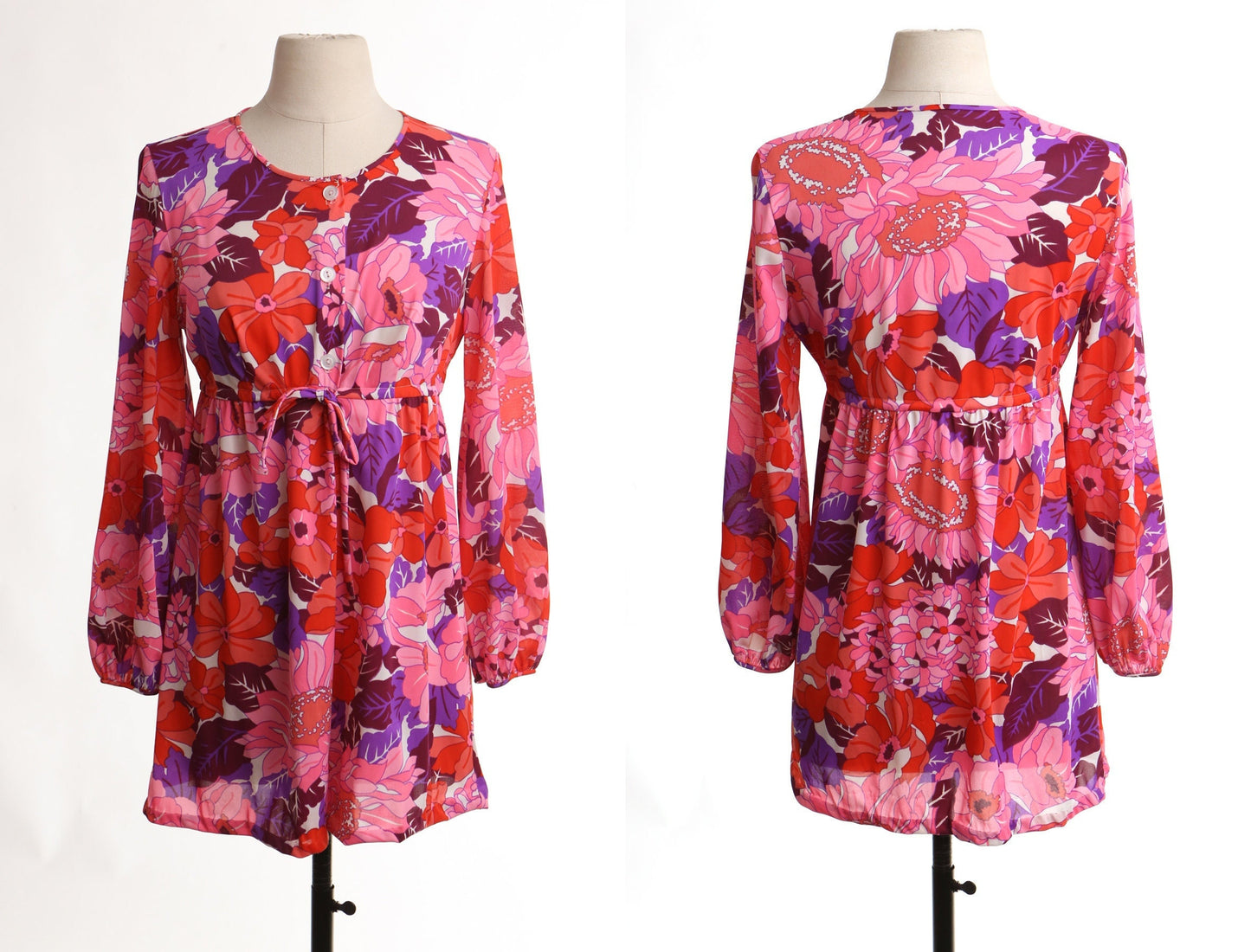 Vintage 70's women hippie mod polyester floral print pink disco