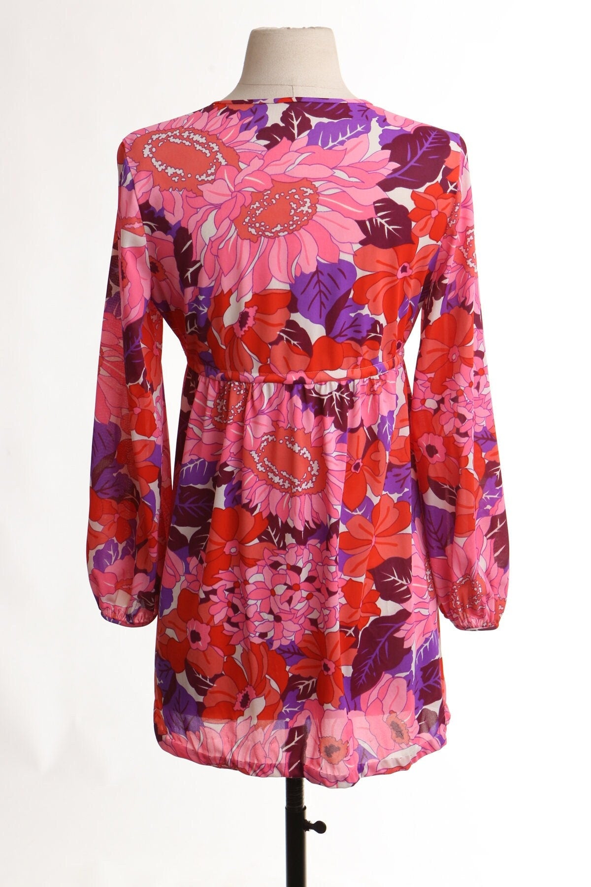 Vintage 70's women hippie mod polyester floral print pink disco