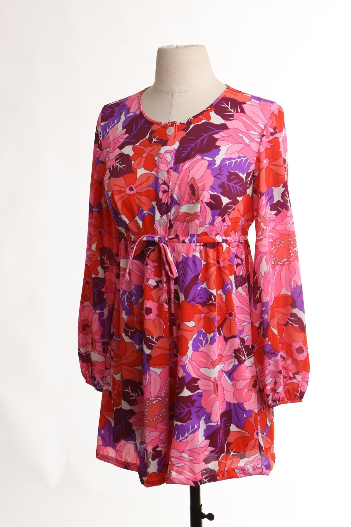 Vintage 70's women hippie mod polyester floral print pink disco