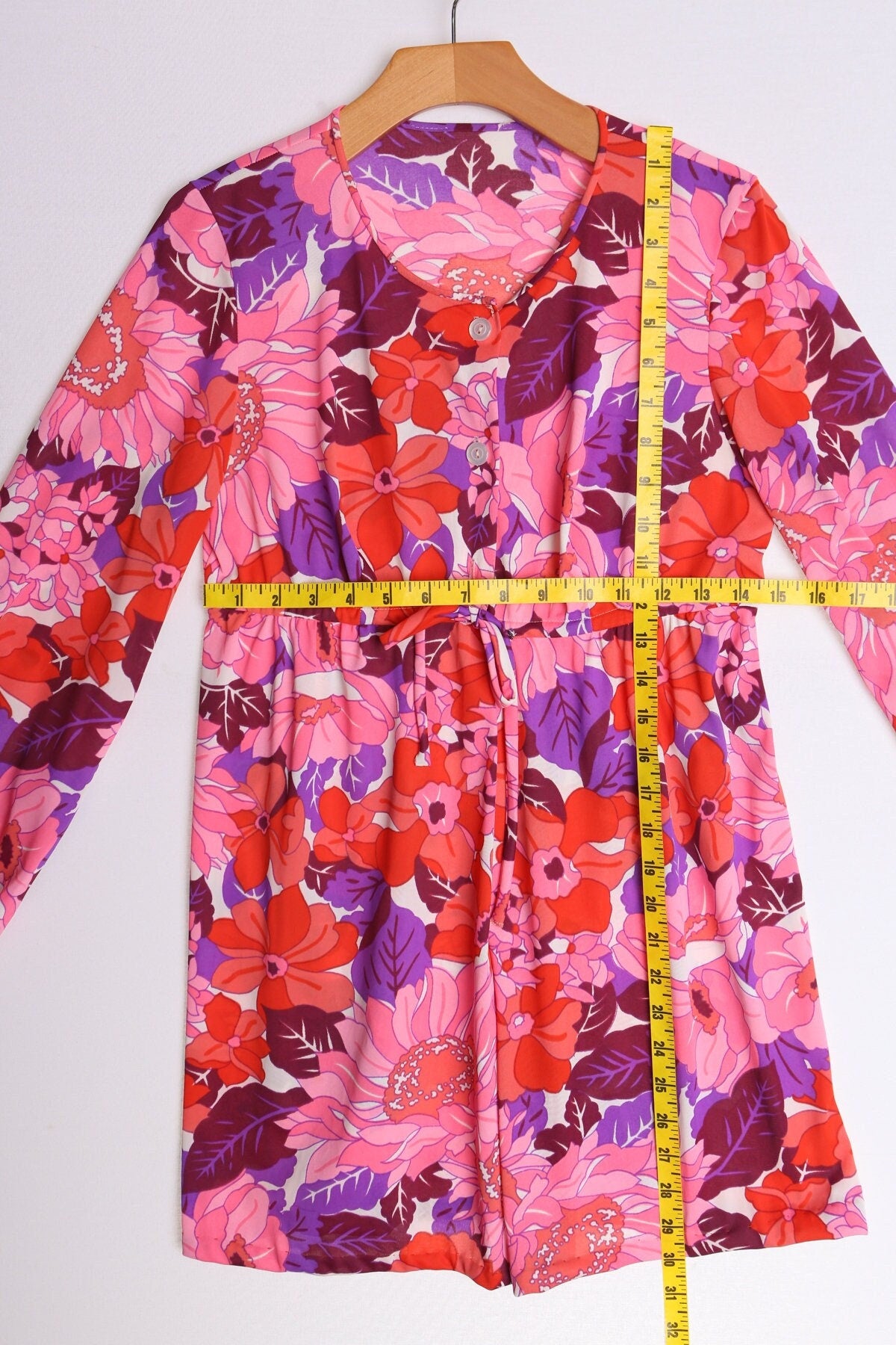 Vintage 70's women hippie mod polyester floral print pink disco